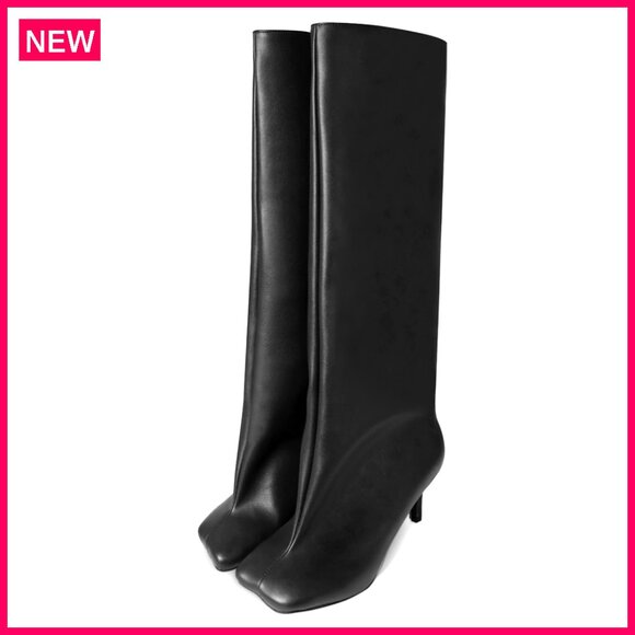 Suede Knee High Boots Wide Calf Square Toe Stiletto Heels Women's Shoes